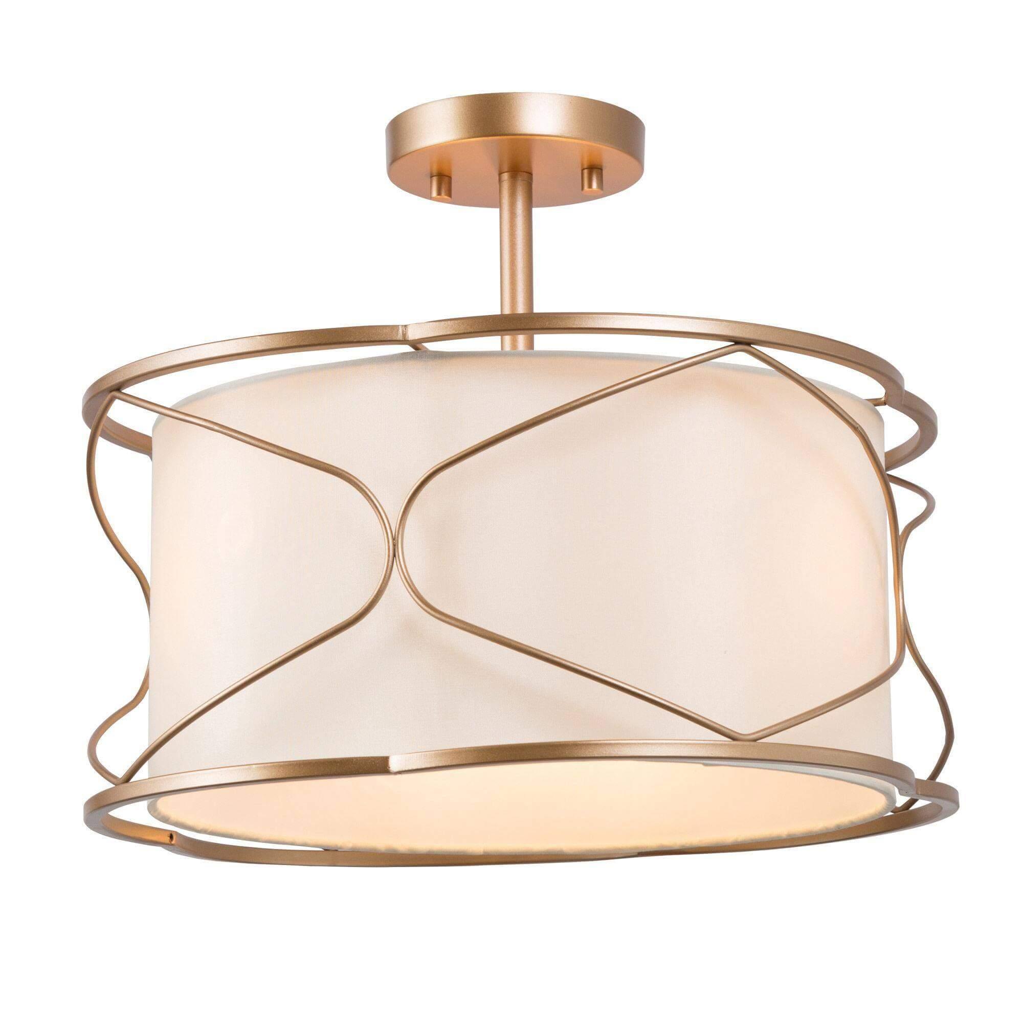 3-Light Gold Semi-Flush Mount Ceiling Lights with Fabric Shade