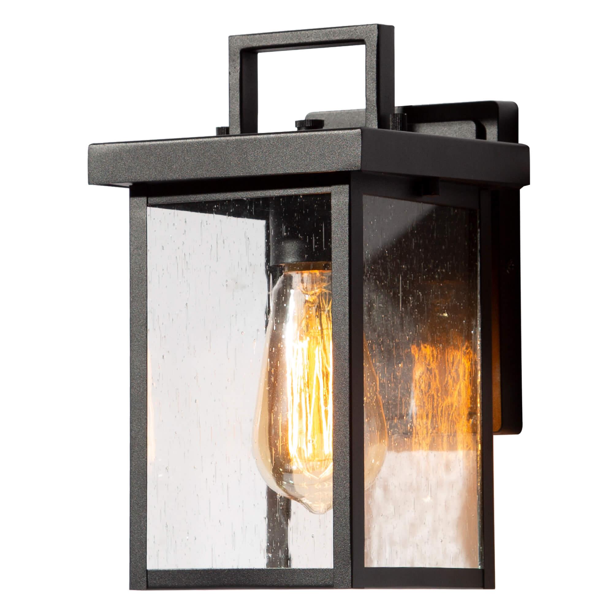 1-Light Black Outdoor Lantern Wall Light with Seeded Glass