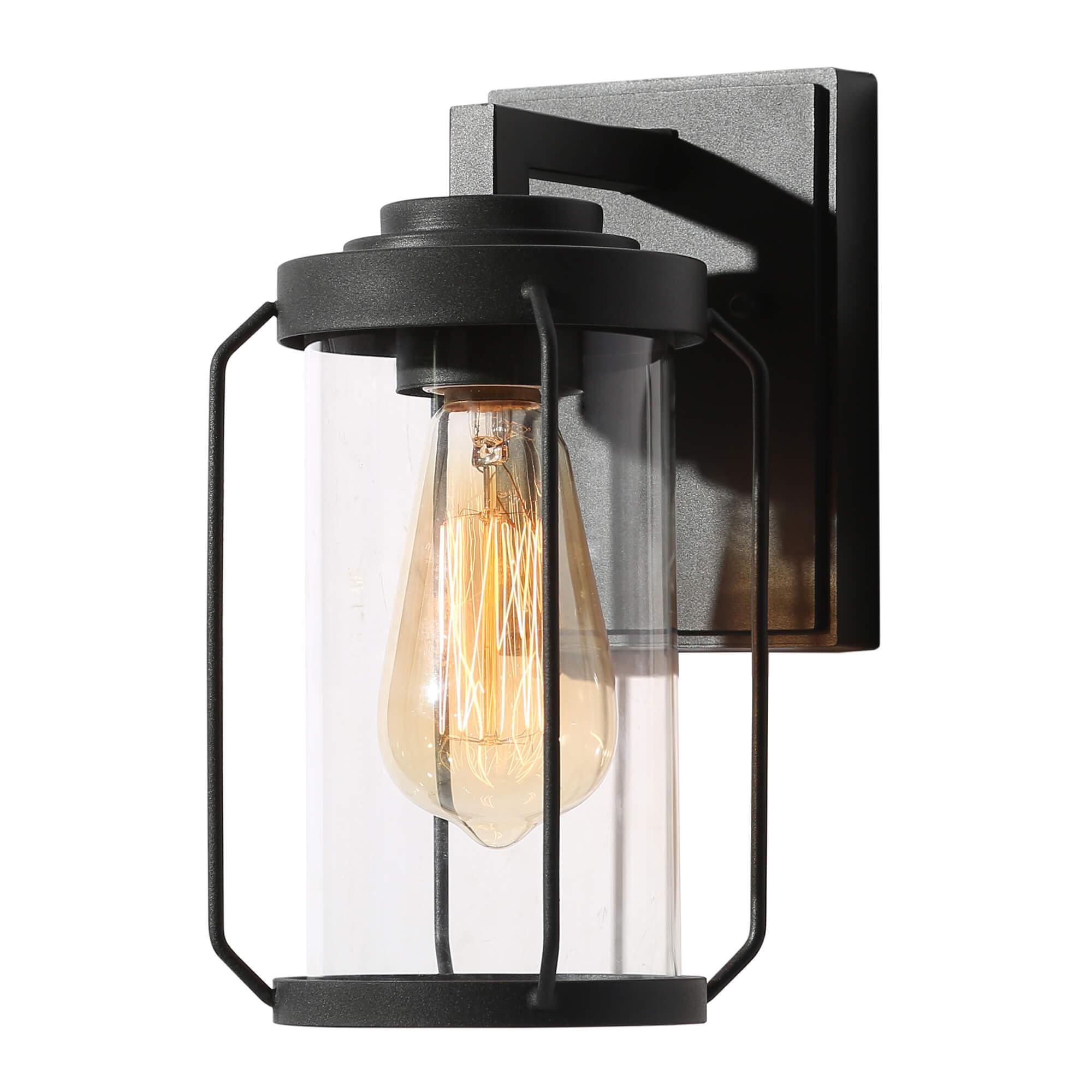 1-Light Brushed Black Outdoor Wall Light Fixture with Clear Glass Shade