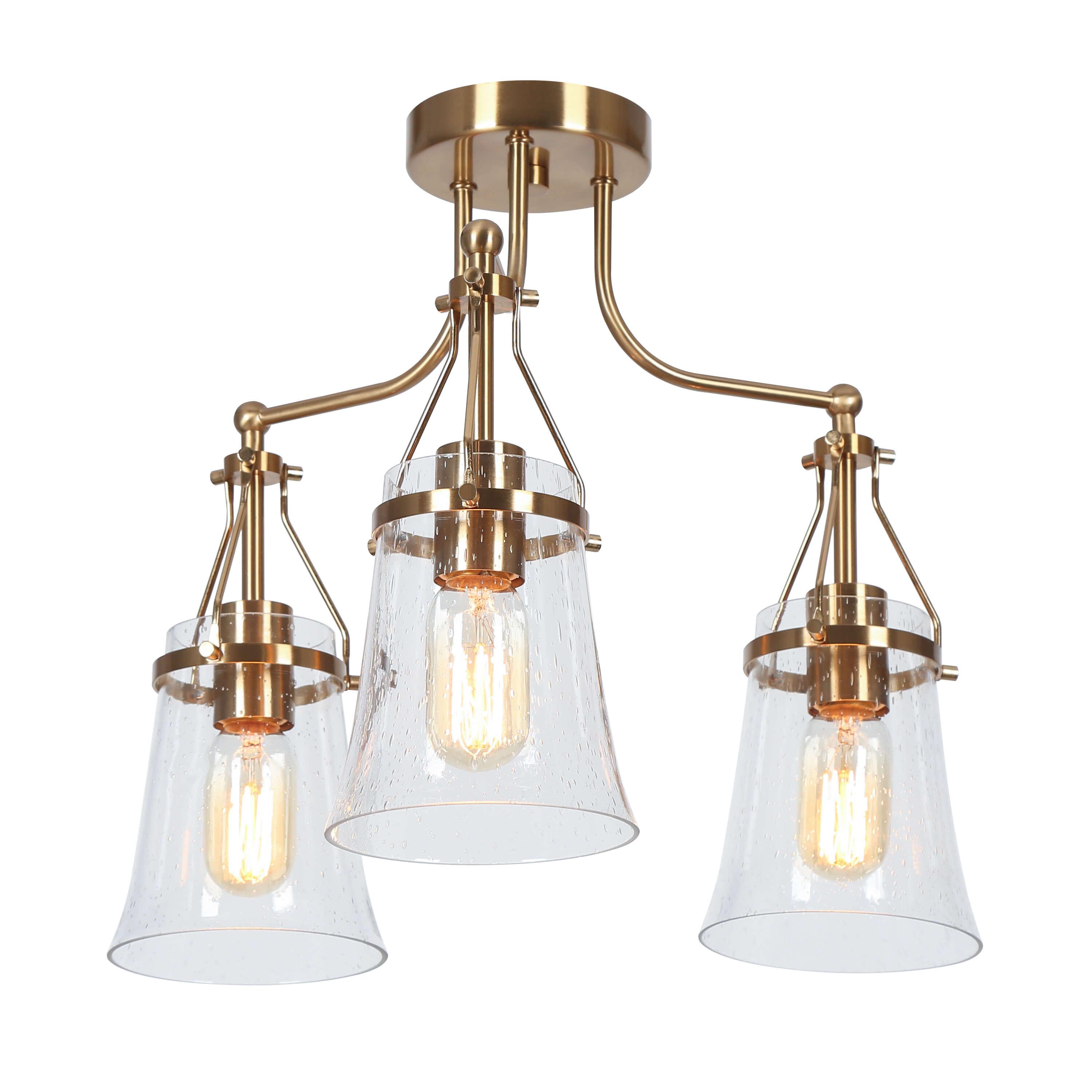 3-Light Brass Ceiling lamp with Seeded Glass Shade