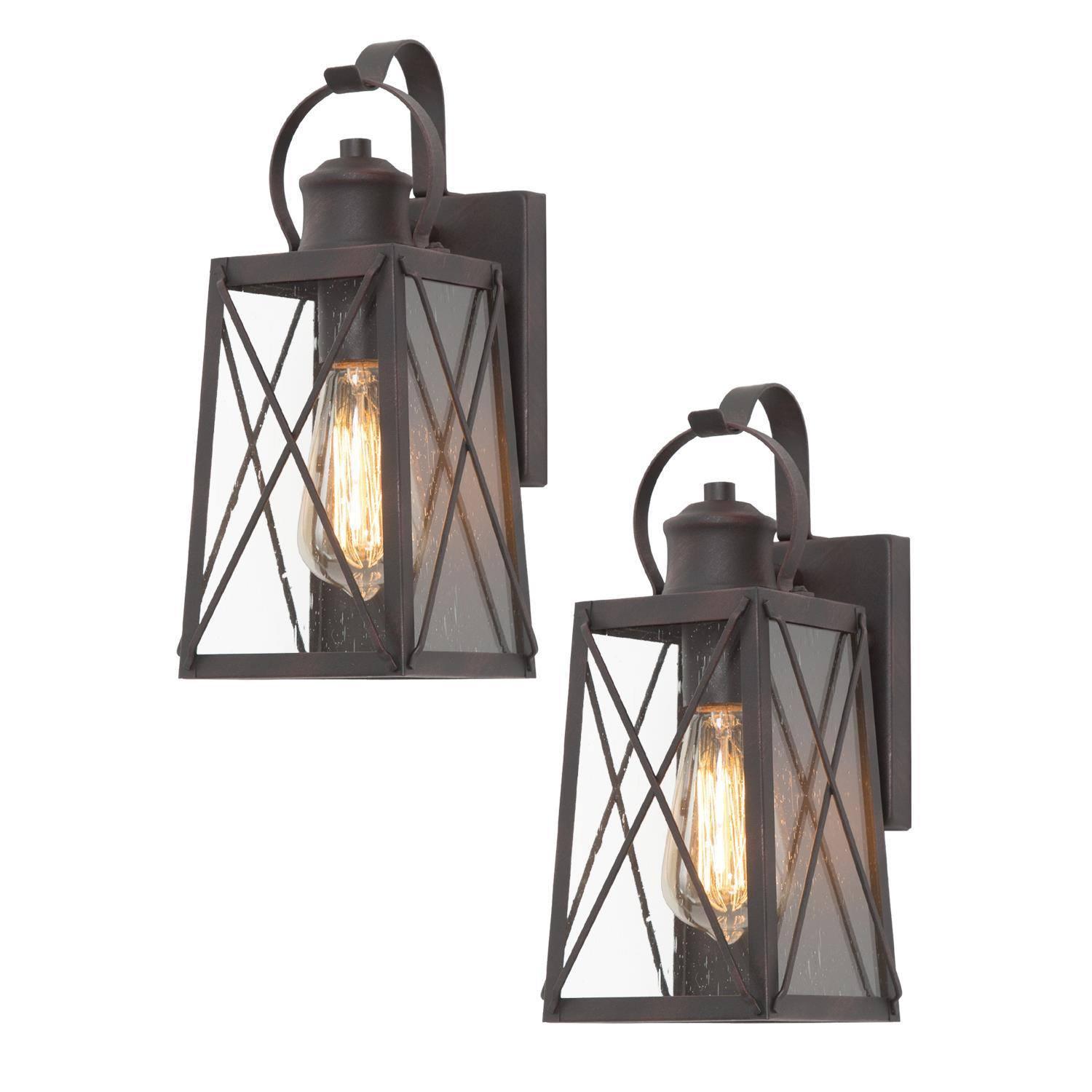 1-Light 2 Pack Brown Outdoor Lantern Wall Light with Seeded Glass