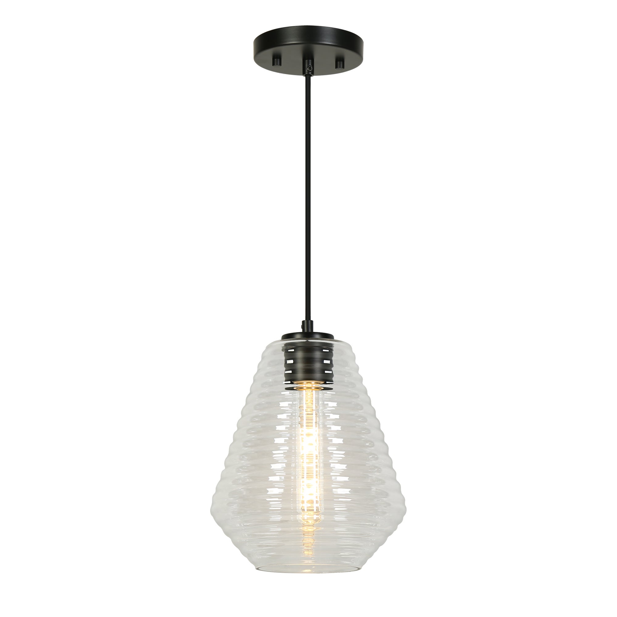 1-Light 8" Black Modern Ribbed Glass Pendant Light Fixtures
