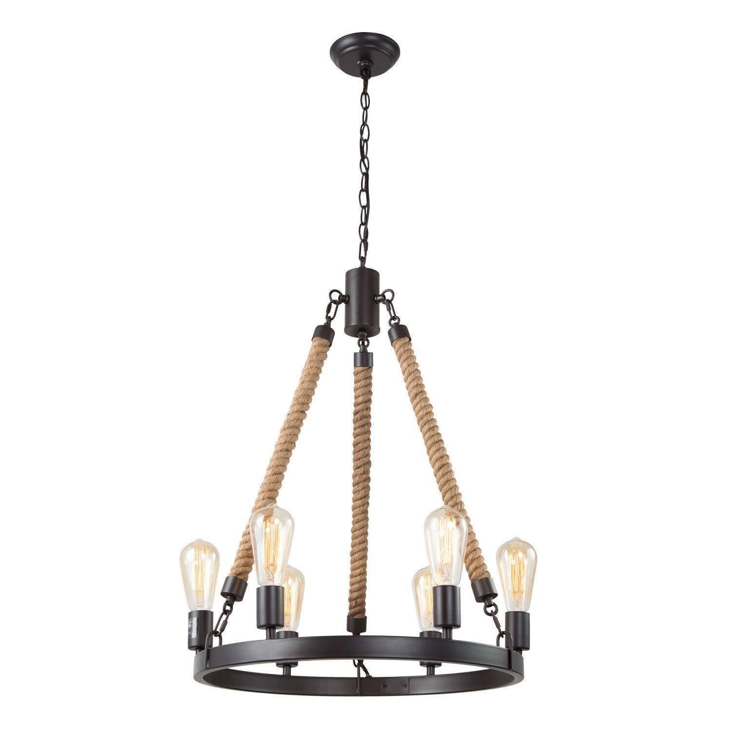 6-Light Farmhouse Rope Wagon Wheel Chandelier