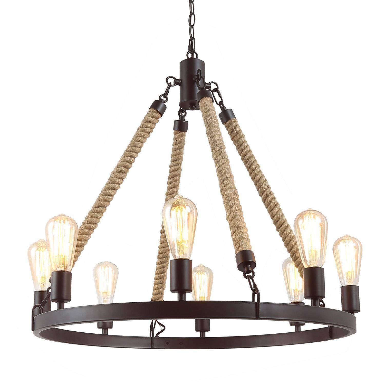 8-Light Farmhouse Rope Wagon Wheel Chandelier