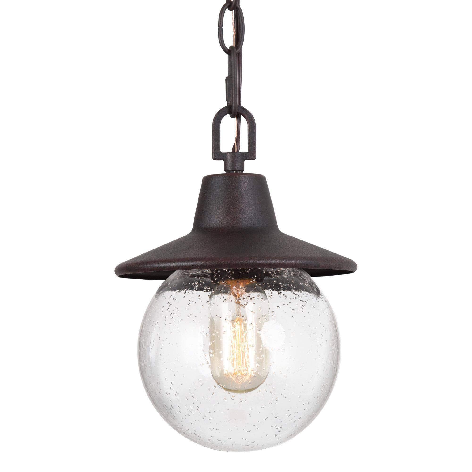 1-Light Rusty Globe Outdoor Pendant Light with Seeded Glass