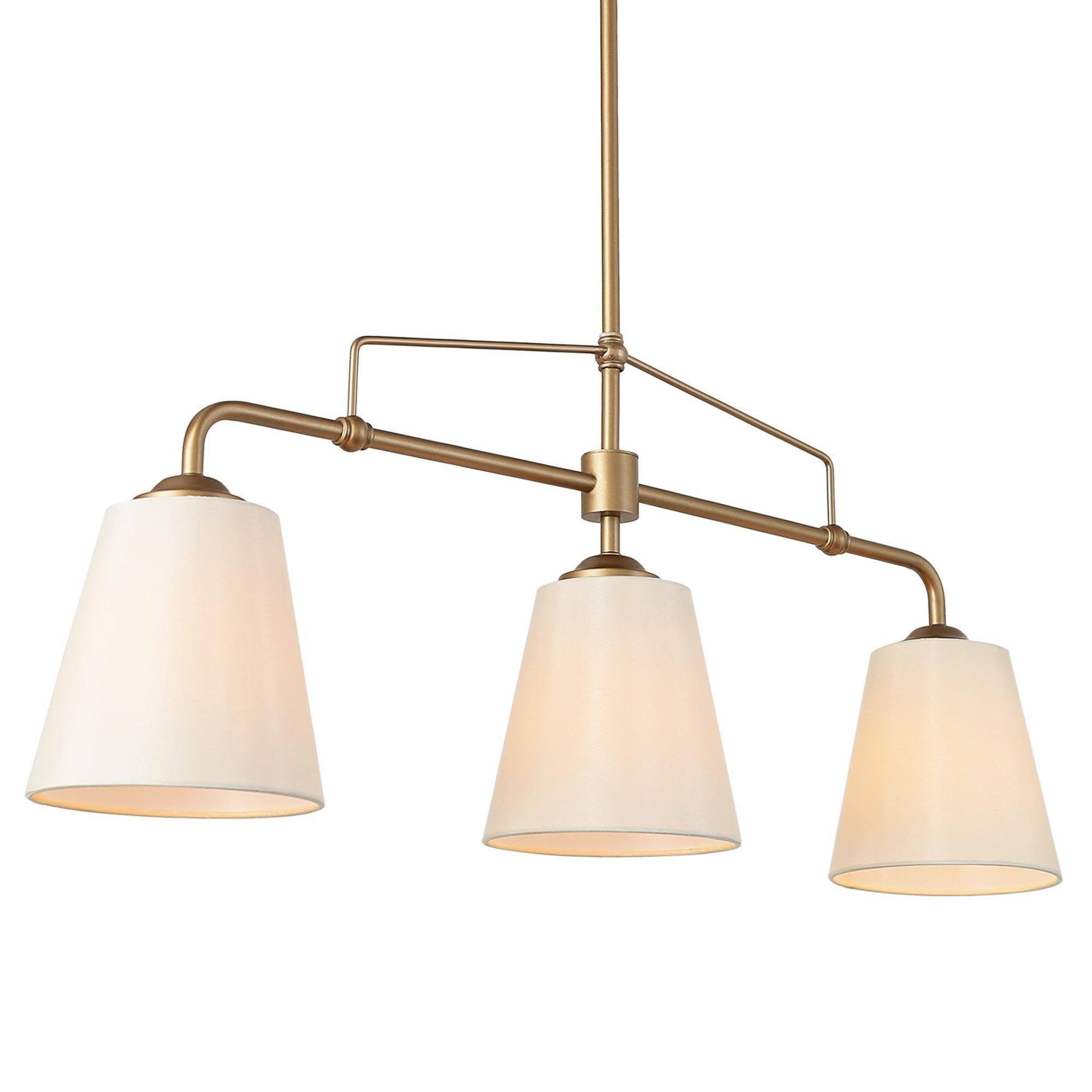 3-Light Gold Linear White Fabric Island Lights Chandeliers