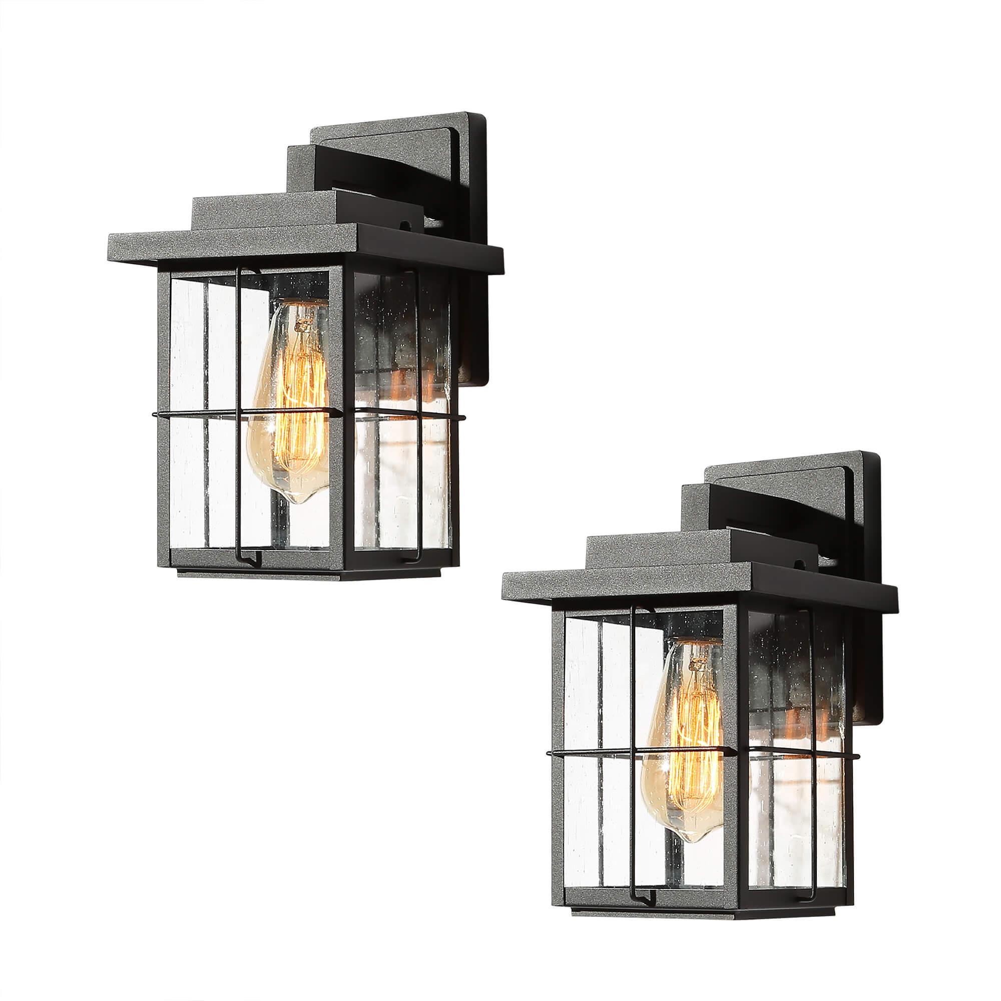 1-Light Black Outdoor Wall Light with Seeded Glass 2 Pack