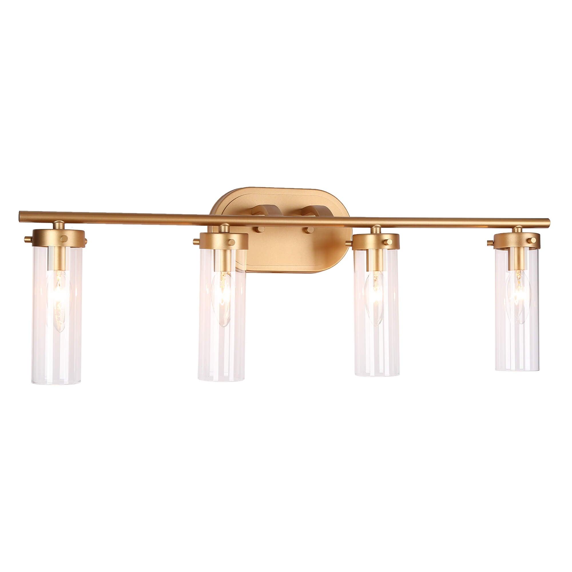 4-Light Gold Bath Vanity Lights Cylinder Glass Wall Sconces