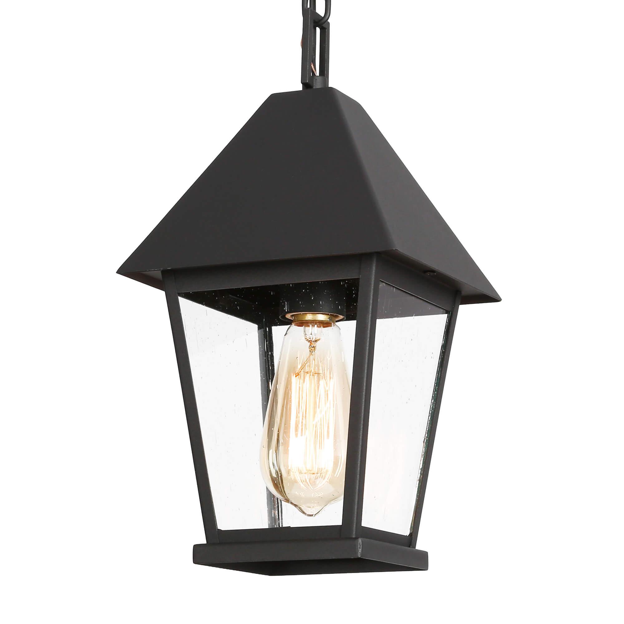 1-Light Black Outdoor Pendant Light with Seeded Glass Shade