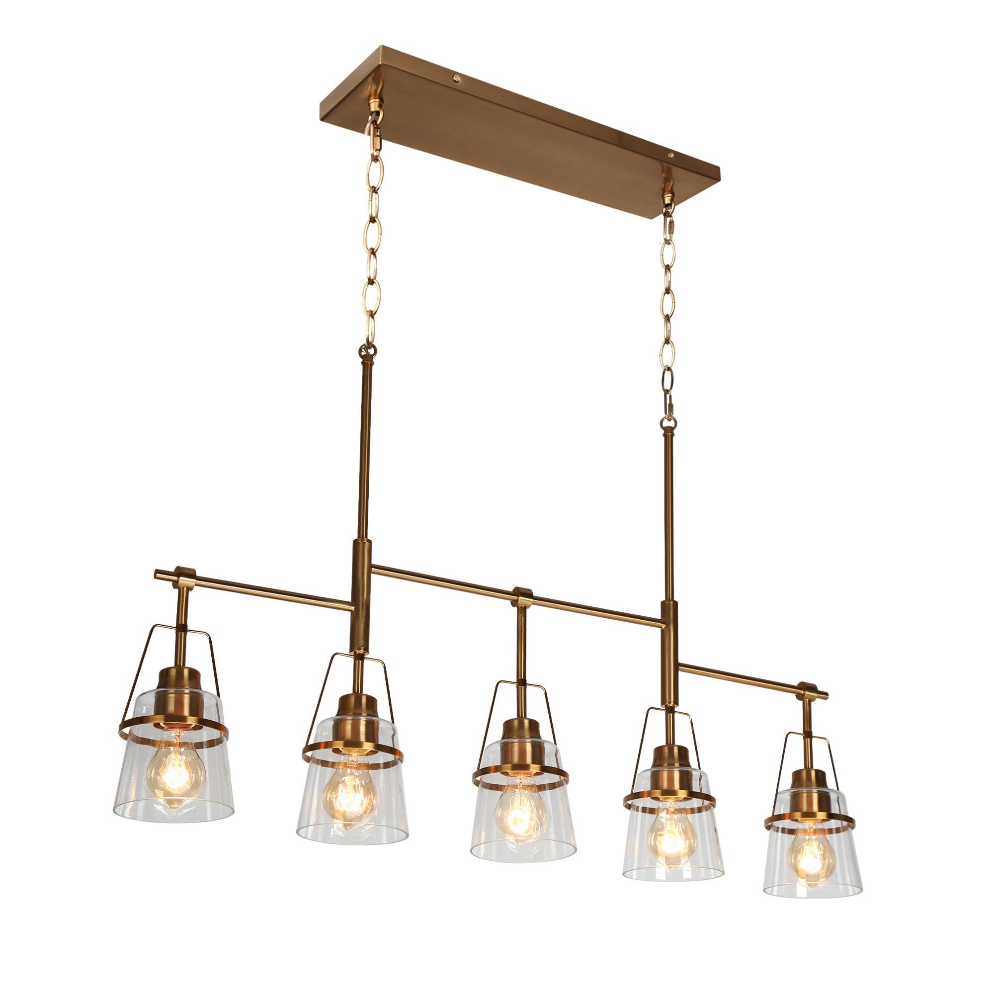 5-Light Gold Linear Clear Glass Island Chandelier
