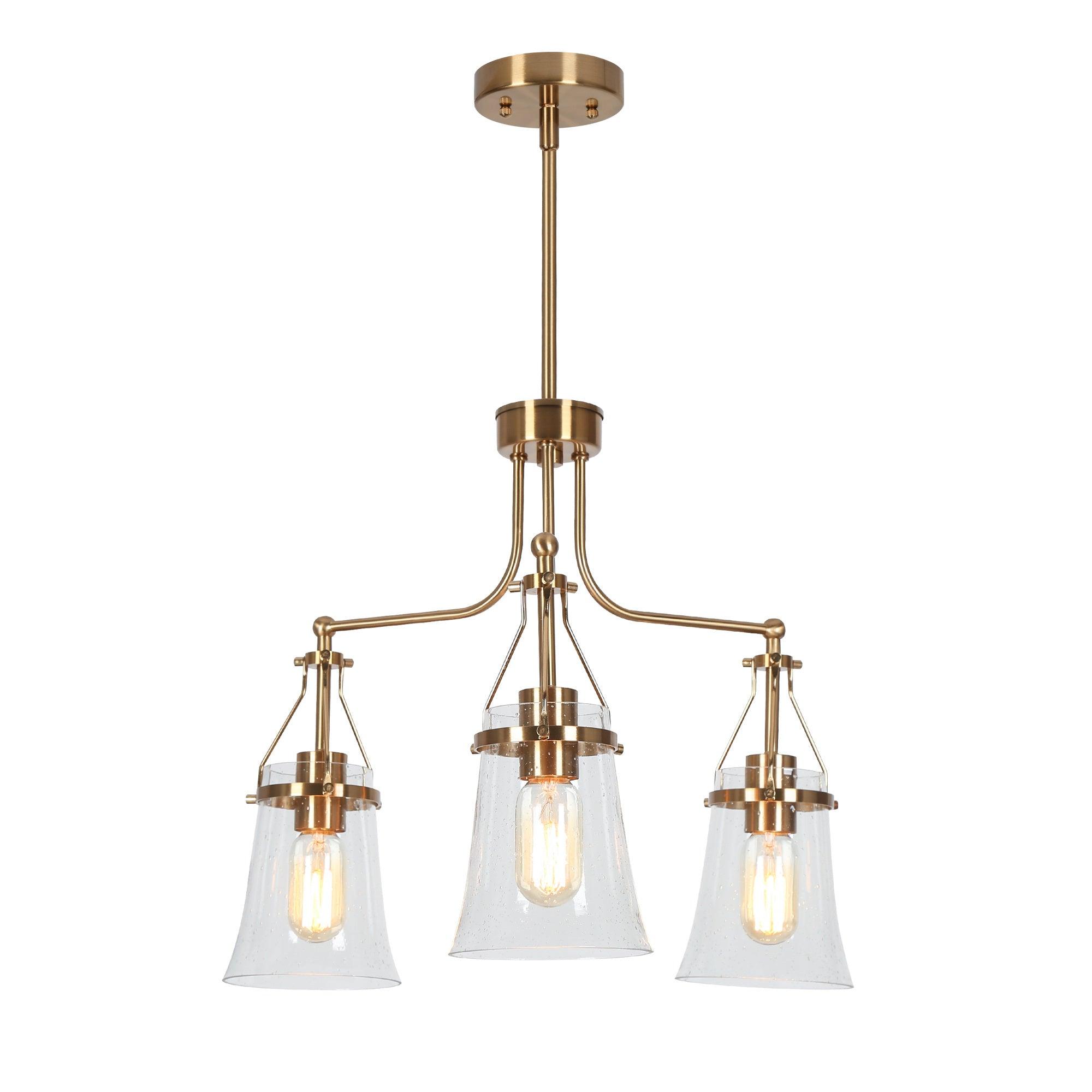 3-Light Brass Chandeliers with Seeded Glass Shade