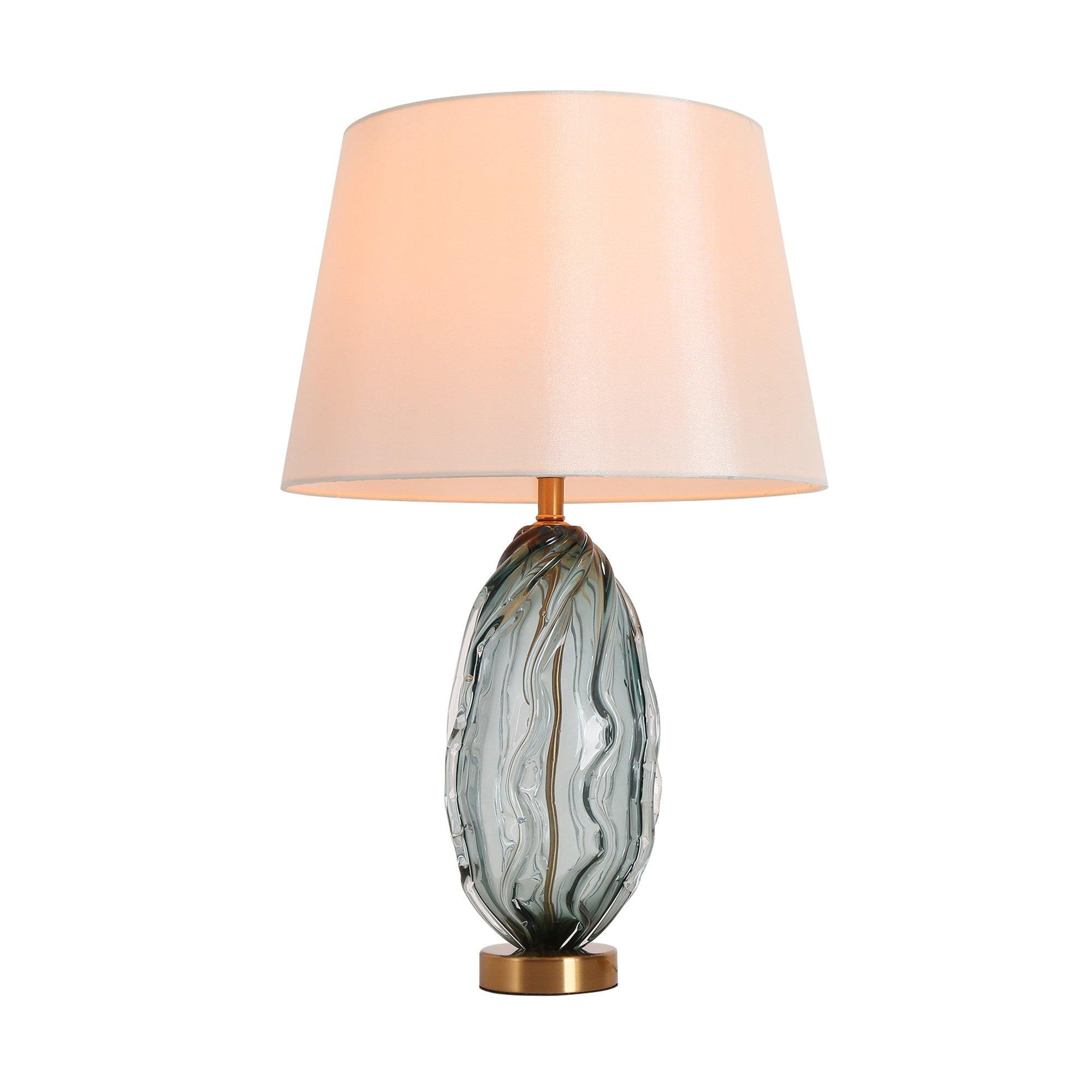 1-Light Blue Textured Glass Table Lamp with Fabric Shade
