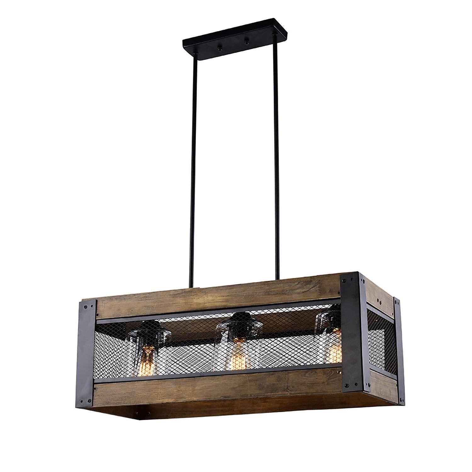 Aerissera 3-Light 24-in Black&Wood Farmhouse Rectangle Kitchen Island Light