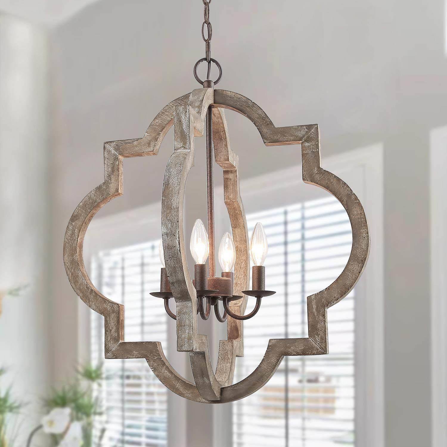 Adrammelech 3-Light 16" Wood Farmhouse Quatrefoil Pendant Light Fixtures