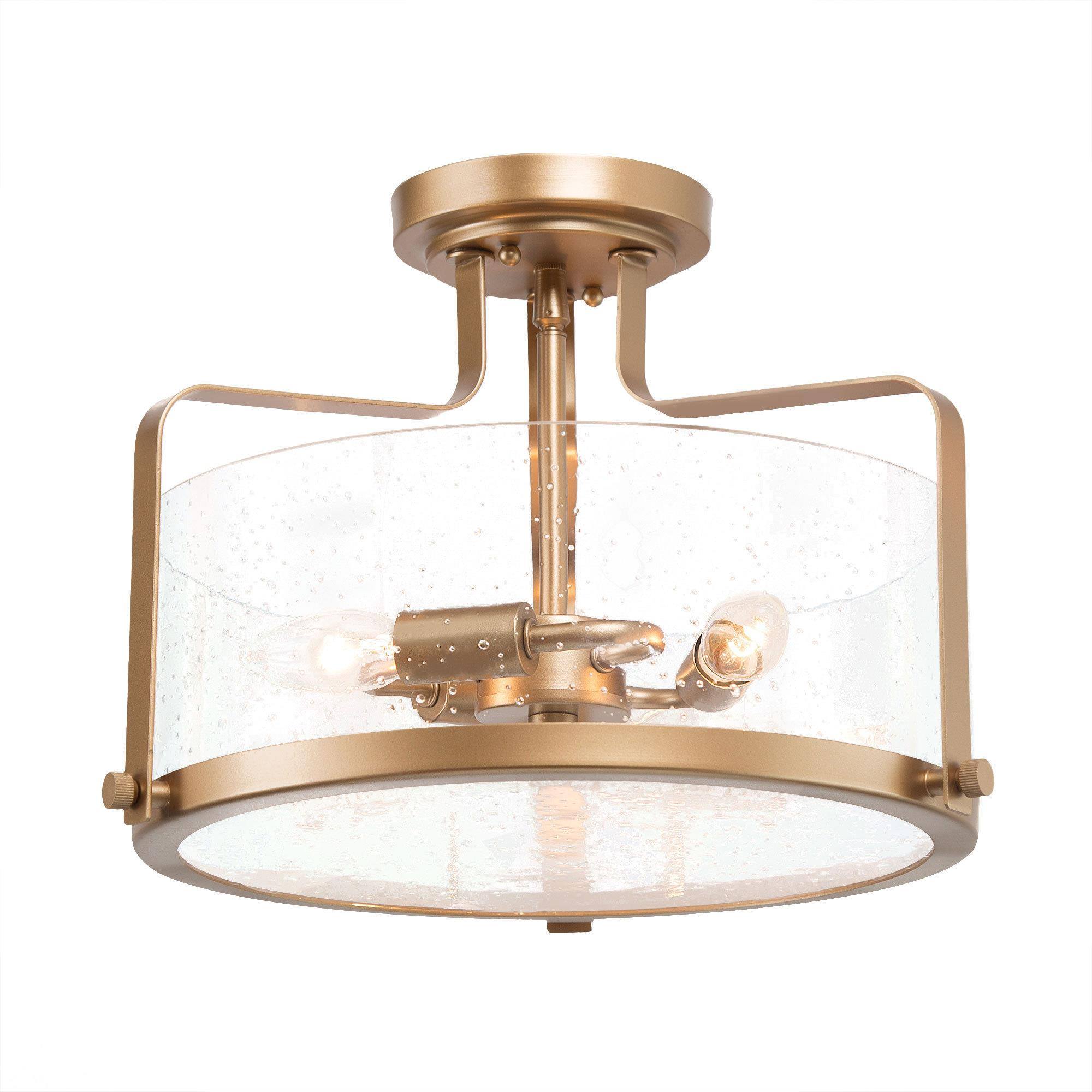 3-Light Modern Gold Semi-Flush-Mount Light with Seeded Glass