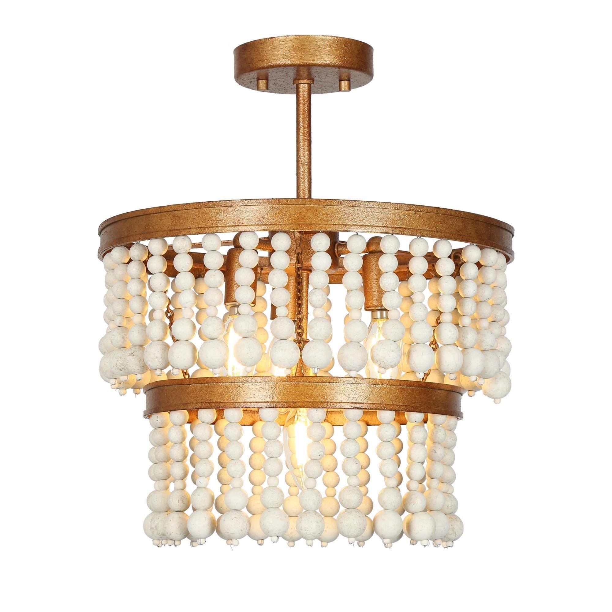 4-Light Wood Beads Semi-Flush Mount Ceiling Lights