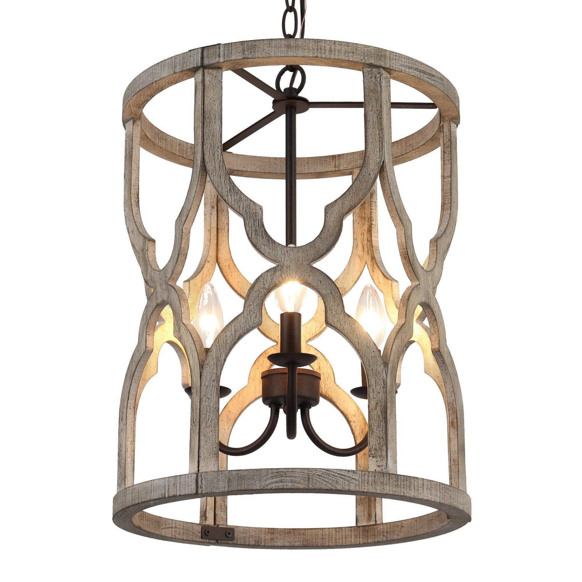 3-Light Wooden Cylinder Chandeliers
