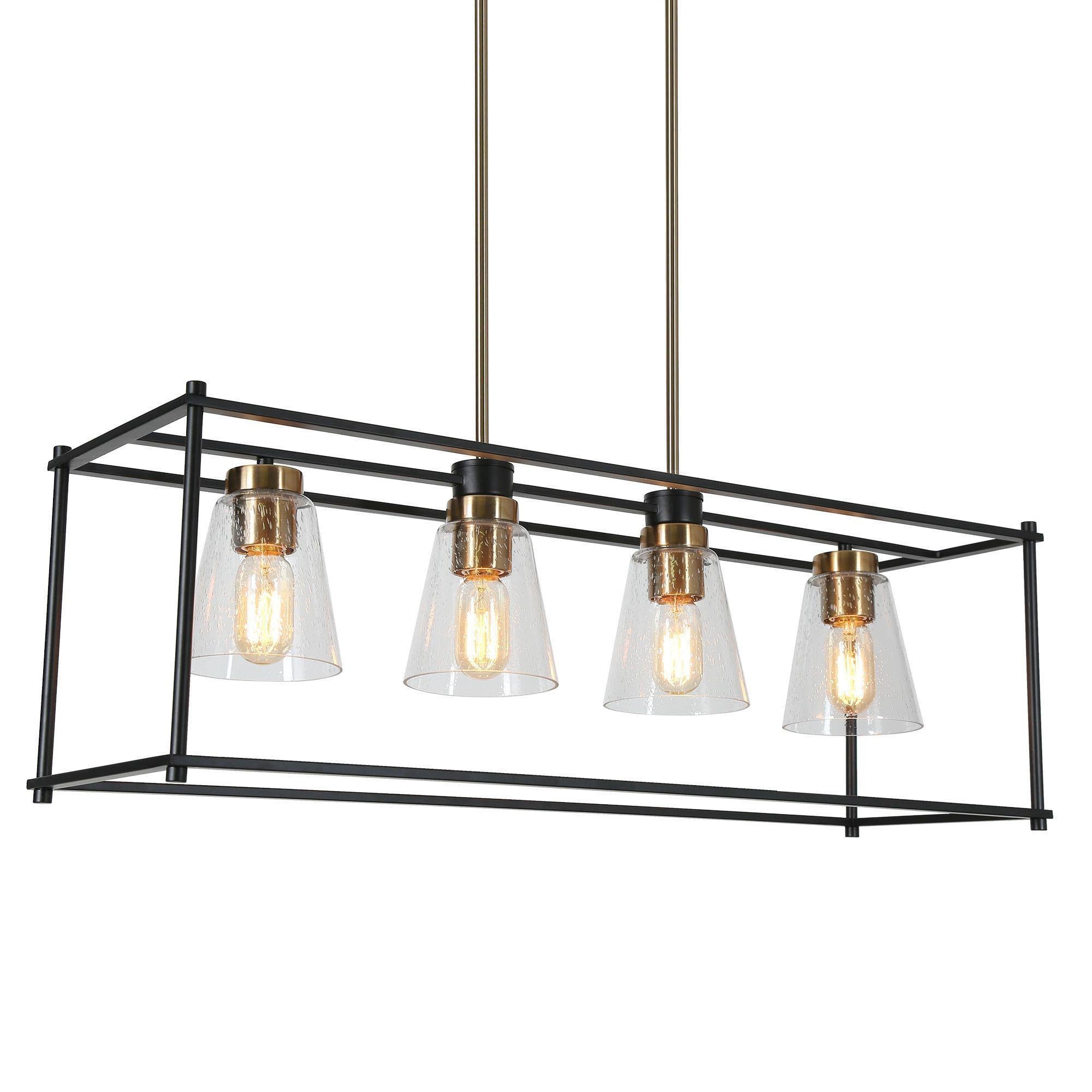 Modern 4-Light Rectangle Island Light Chandelier with Seeded Glass