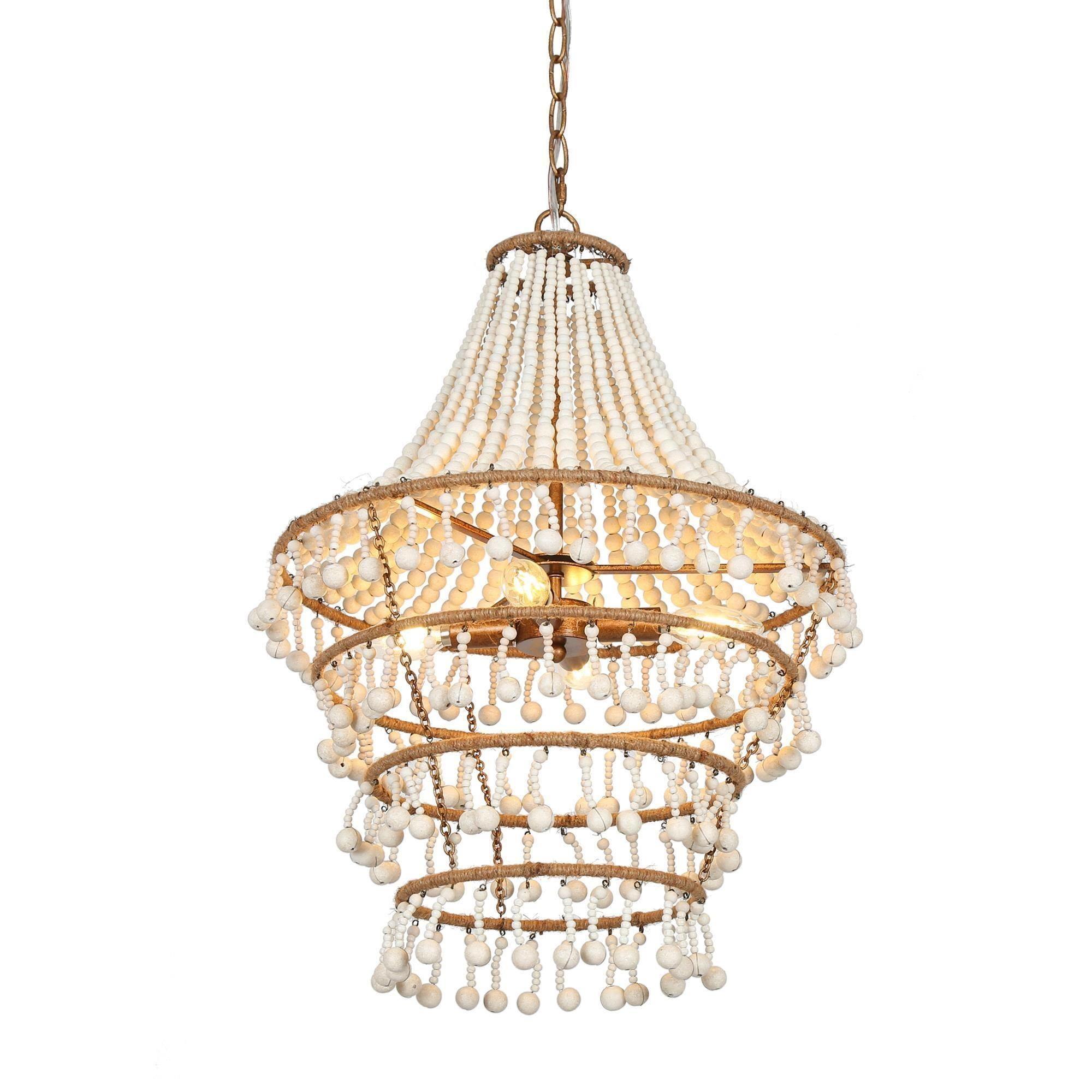 4-Light Boho Wood Beaded Chandeliers