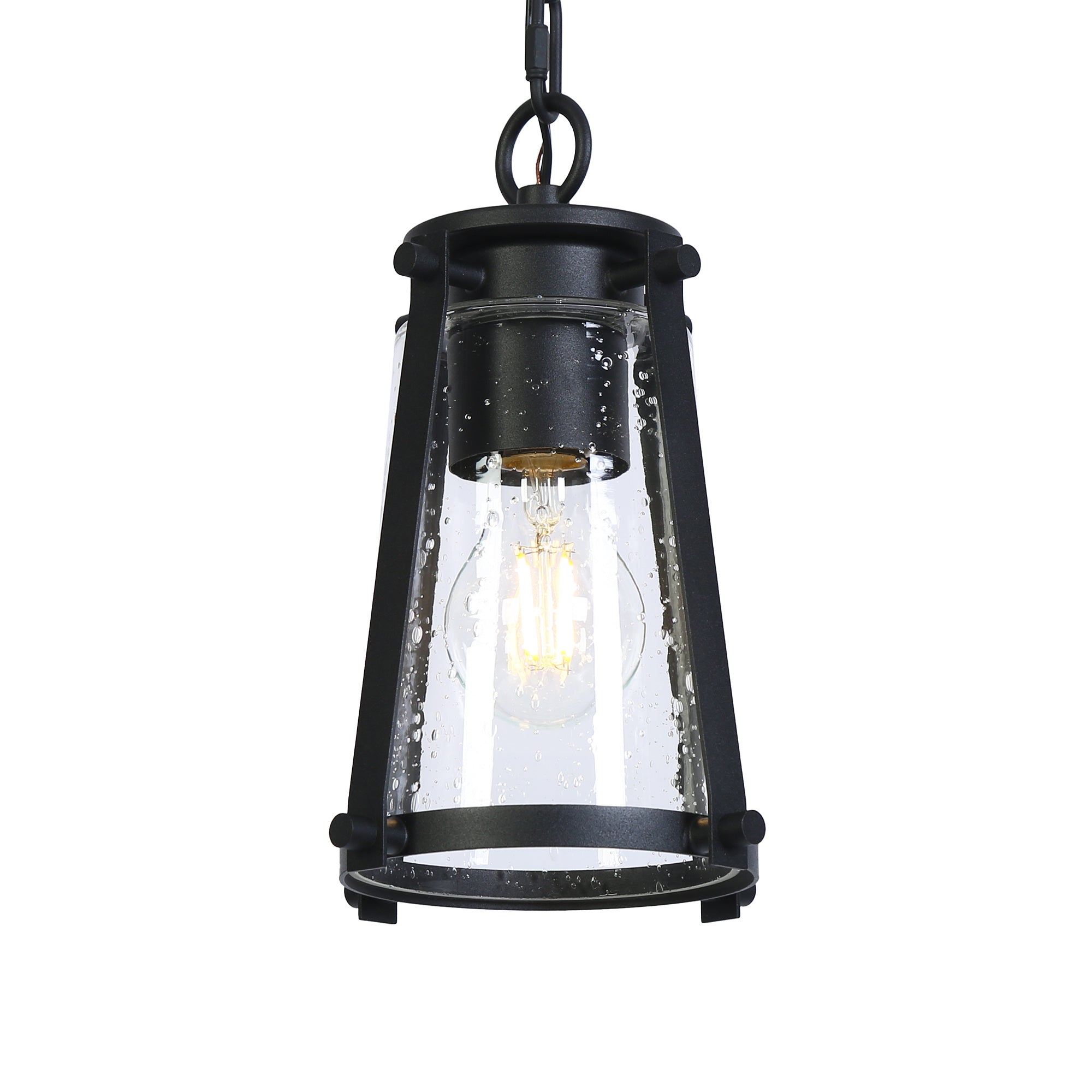 Modern Industrial Black Pendant Light with Seeded Glass Shade