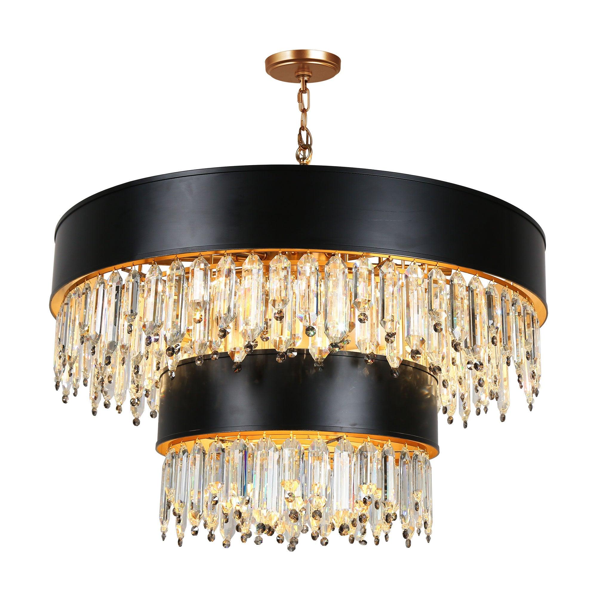 15-Light Black Gold 2-Tier Drum Chandelier Lights