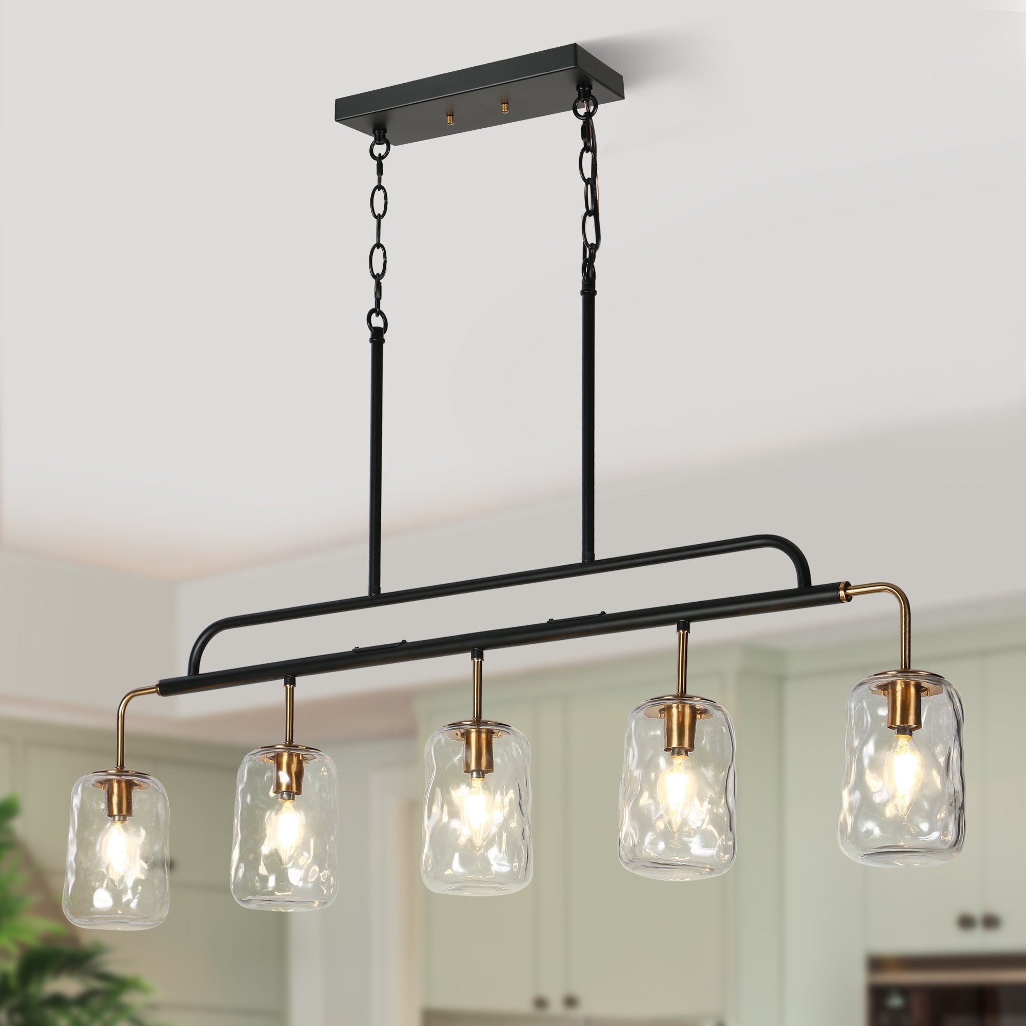 Erharting 5-Light 41-in Black Modern Linear Kitchen Island Light with Textured Glass