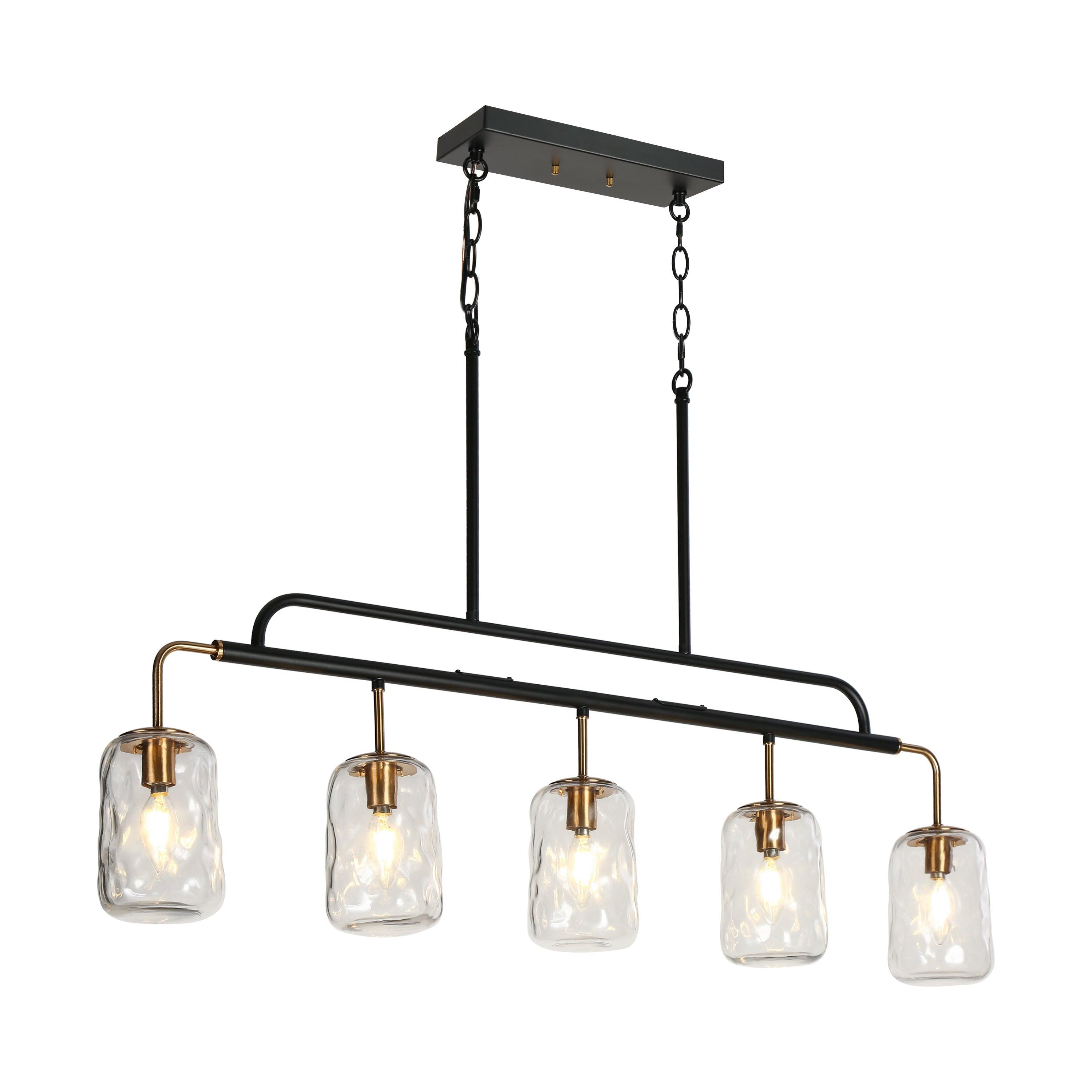 5-Light Gold Black Kitchen Island Linear Chandelier with Textured Glass