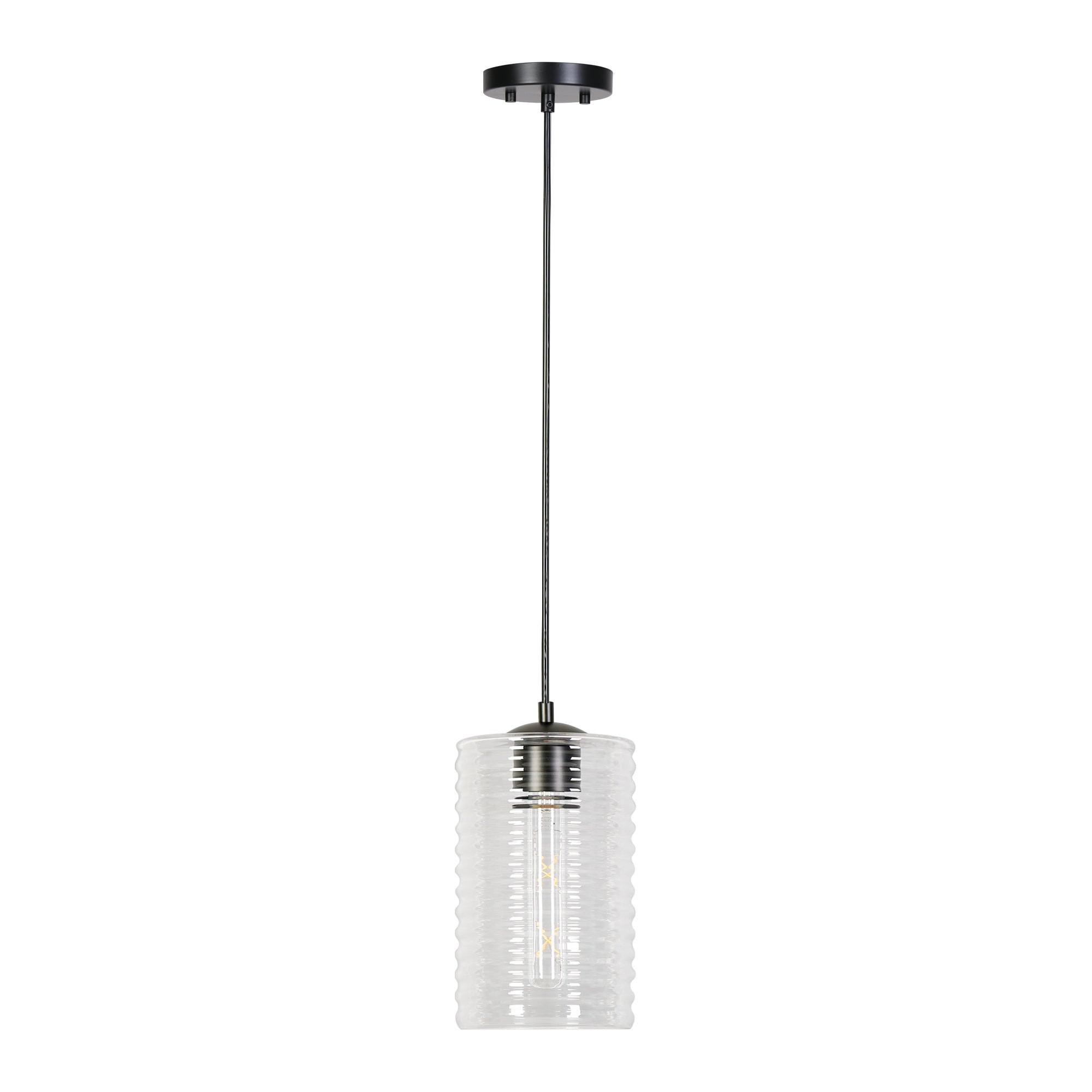 1-Light 6" Black Modern Cylinder Ribbed Glass Pendant Light Fixtures
