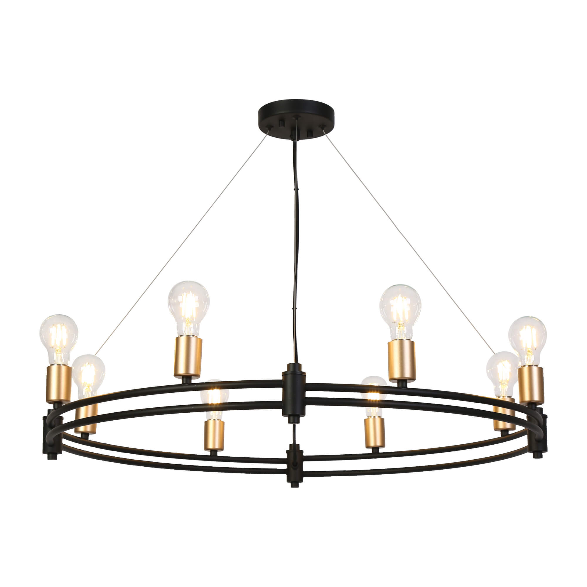 Modern 8-Light Black Gold Wagon Wheel Chandelier