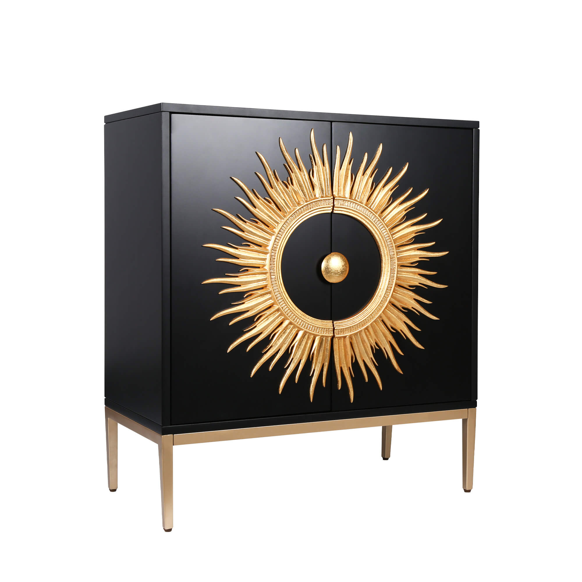 Modern Black Cabinet with Gold Sunburst Design and Metal Legs